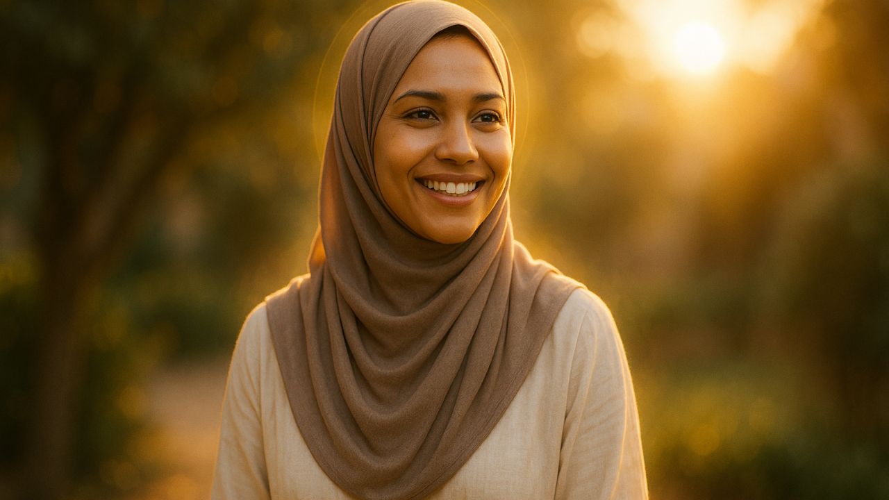 Une femme musulmane souriante, portant un hijab taupe et une robe crème, baignée dans une douce lumière dorée au coucher du soleil, dans un cadre naturel paisible.